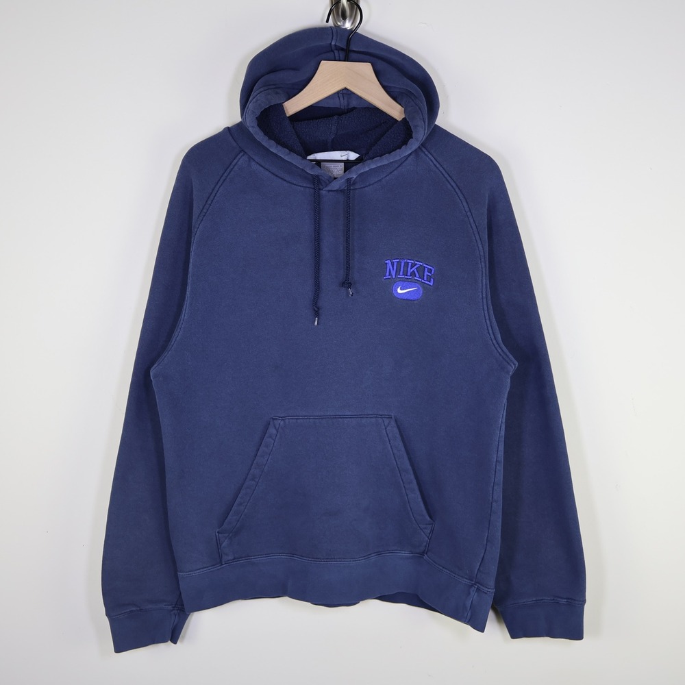 Vintage Nike Navy Blue Embroidered Spellout Swoosh Raglan Hoodie Mens Large